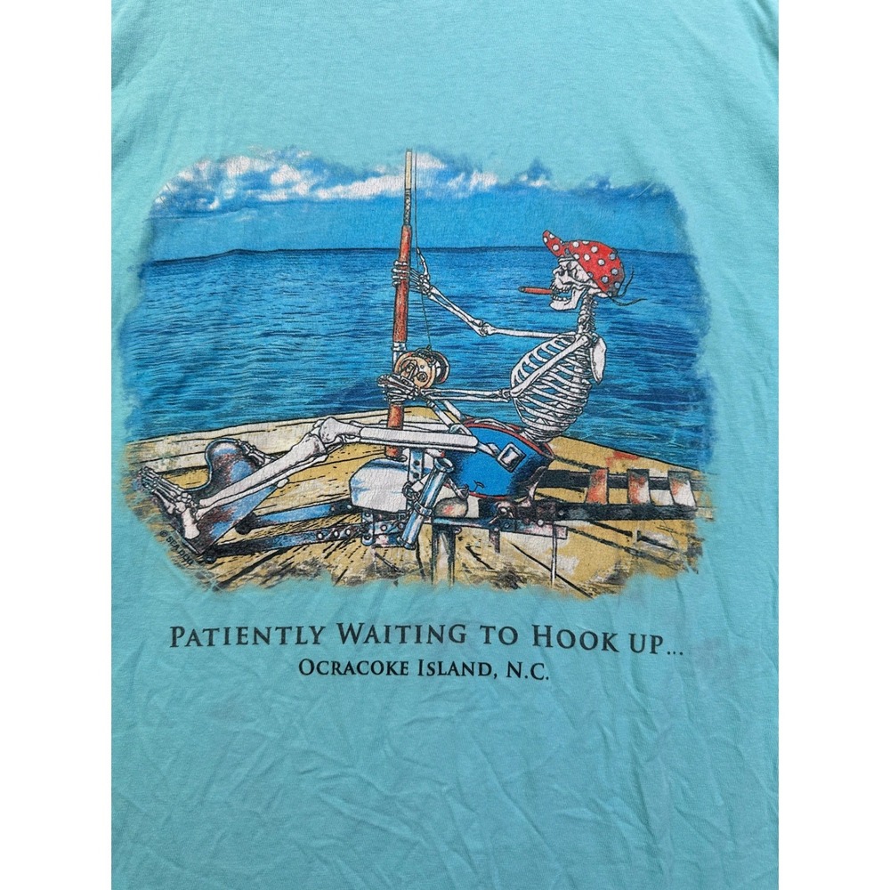 Comfort Colors Sea‎ Dog Ocracoke Island NC Skeleton Fishing T-Shirt Teal Medium